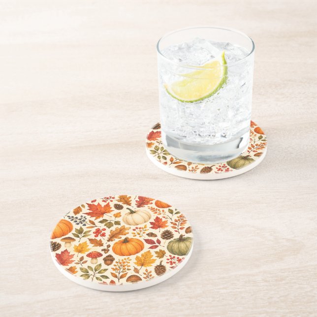 Dessous De Verre En Grès Citrouilles aquarelles d'automne, feuilles d'autom (Côté)
