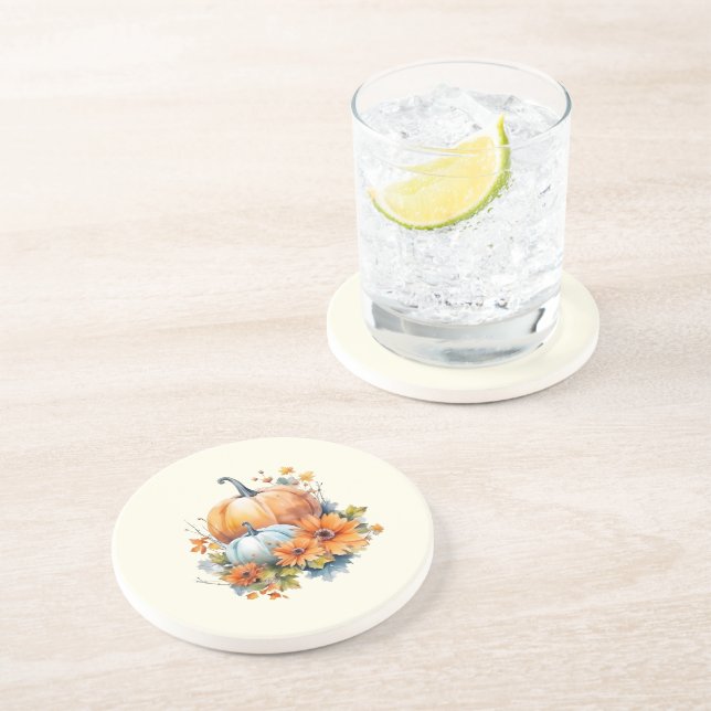 Dessous De Verre En Grès Citrouilles d'automne avec Fleurs et Foliage (Côté)