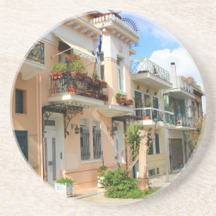 Dessous De Verre En Grès City Street en Grèce avec maisons Rnd Dessous de v