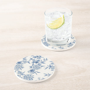 Dessous De Verre En Grès Classique motif toile florale bleue aquarelle blan