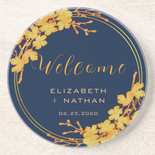 Dessous De Verre En Grès Classy Gold Floral Marine Blue Mariage Bienvenue