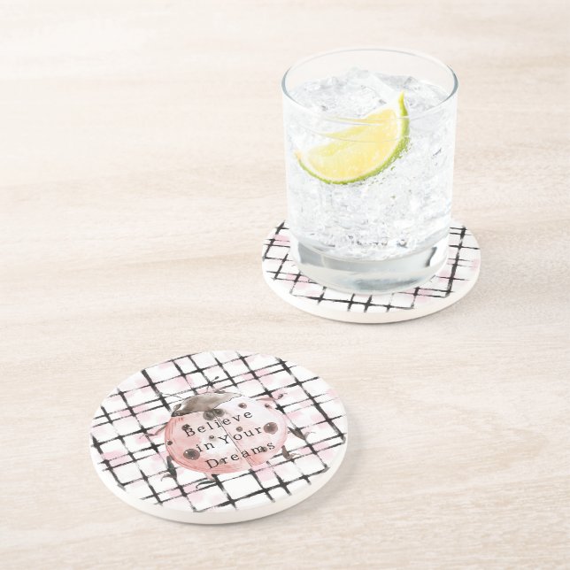 Dessous De Verre En Grès Coccinelle rayée rose et noir féminin (Côté)