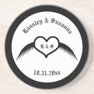 Dessous De Verre En Grès Coeur ailé gothique Mariage Personnalisé Monogramm