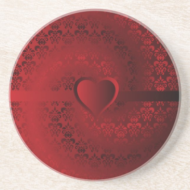 Dessous De Verre En Grès Coeur damassé rouge (Devant)