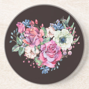 Dessous De Verre En Grès Cœur floral à l'aquarelle : roses vintage.