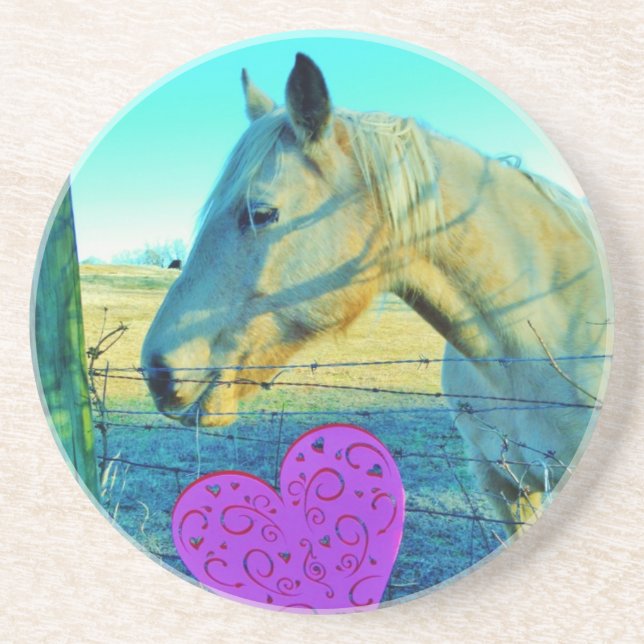 Dessous De Verre En Grès Coeur rose et Cheval jaune (Devant)