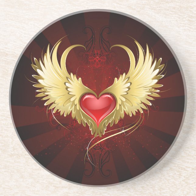 Dessous De Verre En Grès Coeur rouge avec ailes d'or (Devant)