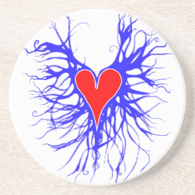 Dessous De Verre En Grès Coeur rouge sur arrière - plan bleu (Devant)