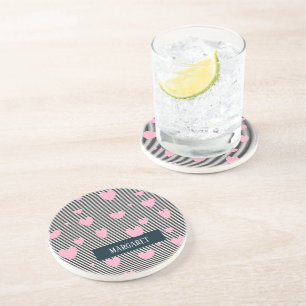Dessous De Verre En Grès Coeurs et rayures roses personnalisés