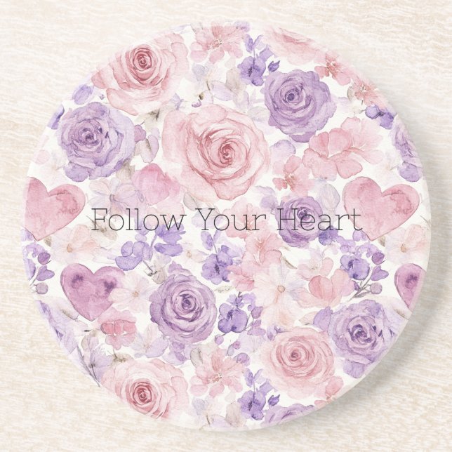 Dessous De Verre En Grès Cœurs Fleurs Rose Violet (Devant)