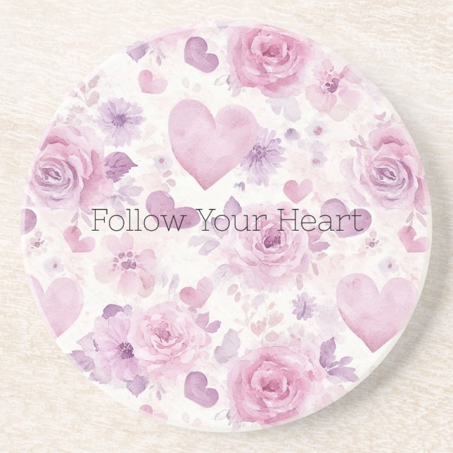Dessous De Verre En Grès Cœurs Fleurs Roses Violettes (Devant)