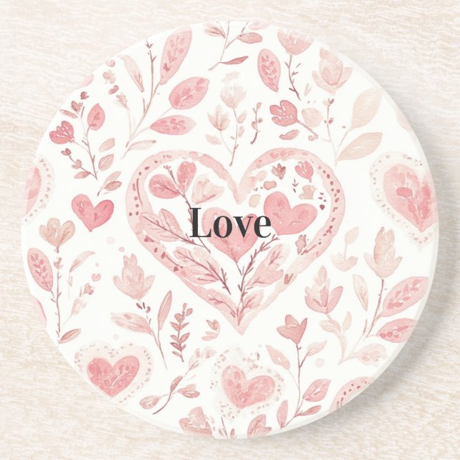 Dessous De Verre En Grès Cœurs roses Amour floral (Devant)