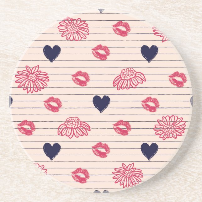 Dessous De Verre En Grès Cœurs rouges, lèvres, motif de pâquerettes. (Devant)