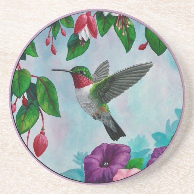 Dessous De Verre En Grès Colibri volant dans le jardin aux fleurs (Devant)