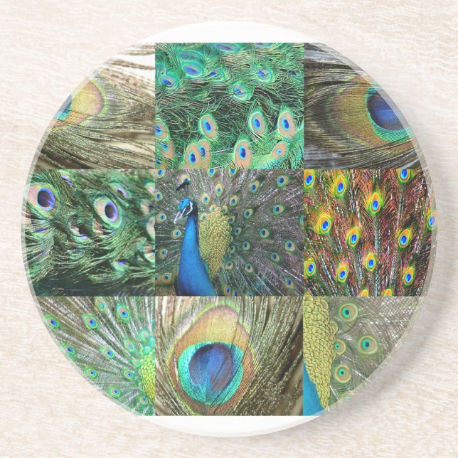 Dessous De Verre En Grès Collage vert-bleu de photo de paon (Devant)