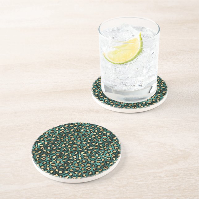 Dessous De Verre En Grès Conception de la série Léopard sarcelle et or (Côté)