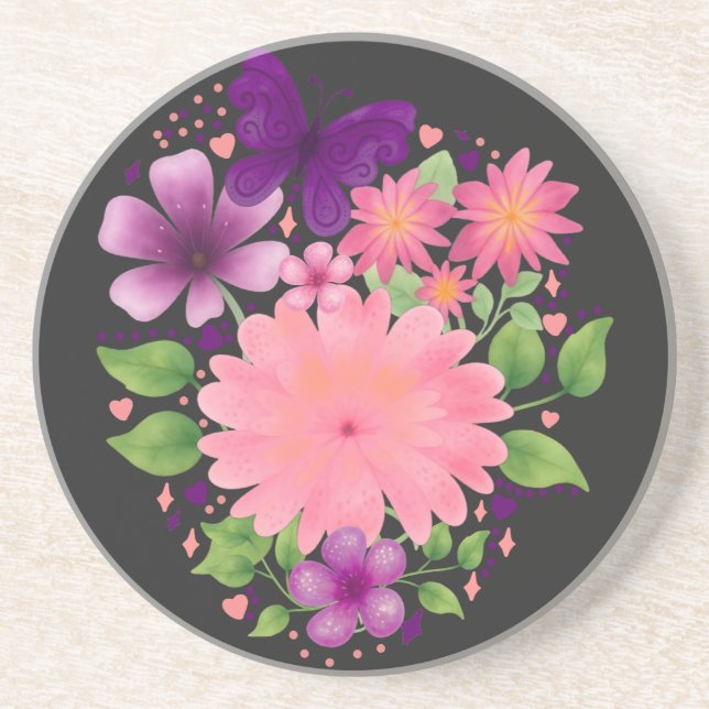 Dessous De Verre En Grès Conception de papillon floral rose à l'aquarelle  (Devant)