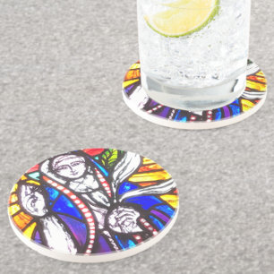 Dessous De Verre En Grès Conception de vitrail avec figure religieuse.