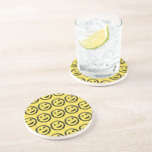 Dessous De Verre En Grès Cool Sardé Joyeux visage souriant motif jaune