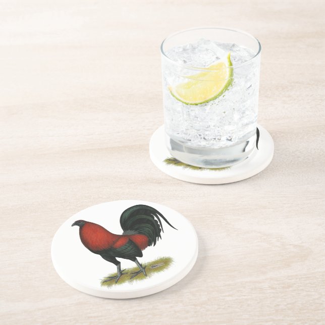 Dessous De Verre En Grès Coq Rouge Noir BB Américain (Côté)
