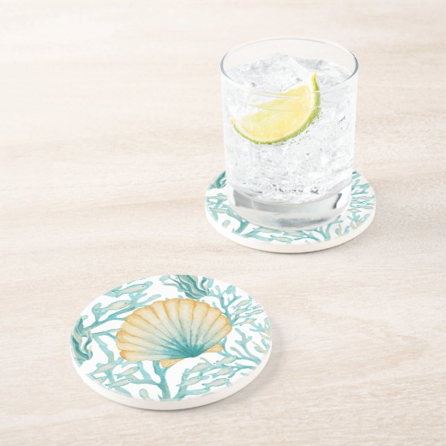 Dessous De Verre En Grès Coquillage à l'aquarelle bleu-vert (Côté)
