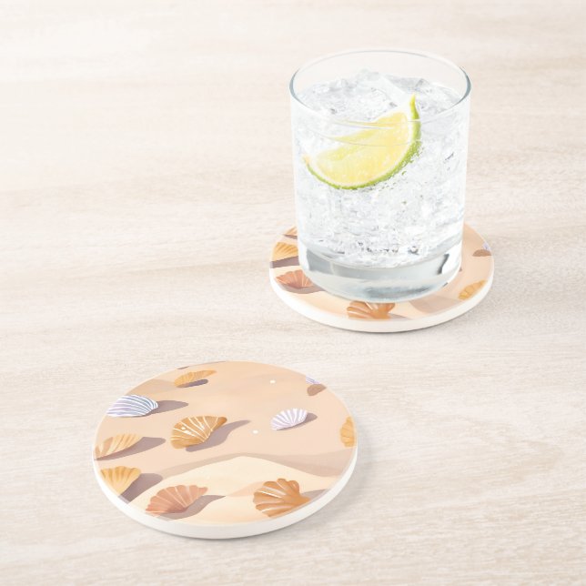 Dessous De Verre En Grès Coquillages dans le Sable | Aquarelle Océan Plage (Côté)