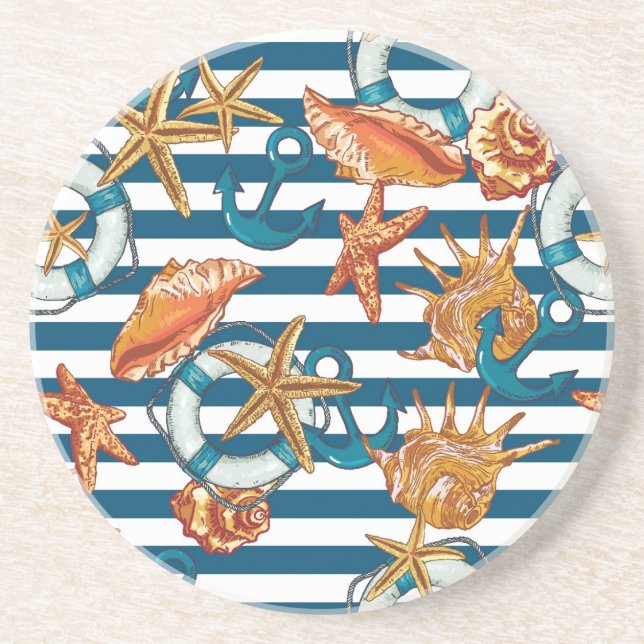 Dessous De Verre En Grès Coquillages Et Motif De Ancre (Devant)