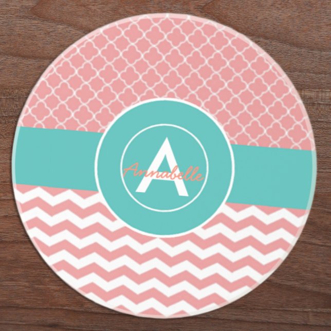 Dessous De Verre En Grès Corail Téquoise Chevron Quatrefeuille (Créateur téléchargé)