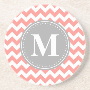 Dessous De Verre En Grès Coral rose Chevron Zigzag Gris Monogramme