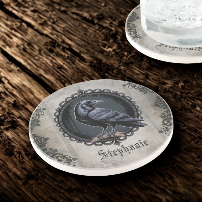 Dessous De Verre En Grès Corbeau gothique avec nom (Gothic raven personalized drink coaster)