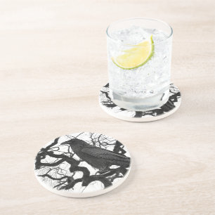 Dessous De Verre En Grès Corbeau noir dans l'arbre Photo en noir et blanc