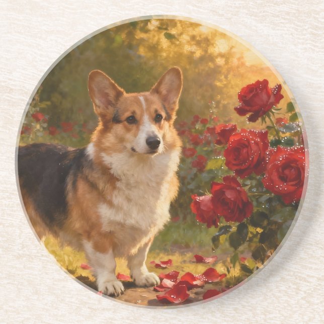 Dessous De Verre En Grès Corgi dans les Roses V (Devant)