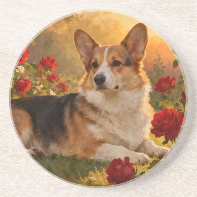 Dessous De Verre En Grès Corgi dans les Roses VI (Devant)