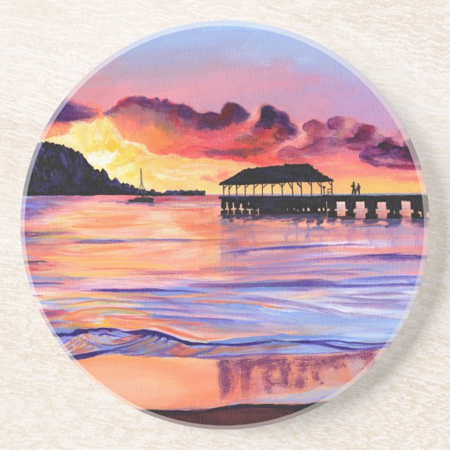 Dessous De Verre En Grès Coucher de soleil à Hanalei Pier  (Devant)