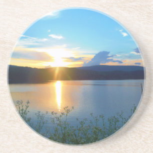 Dessous De Verre En Grès Coucher de soleil bleu sur le lac