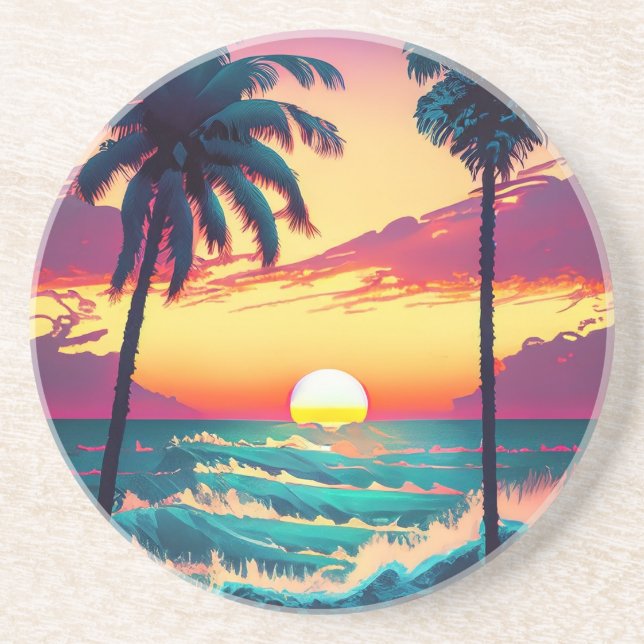 Dessous De Verre En Grès Coucher de soleil sur la plage avec Palmiers Peint (Devant)