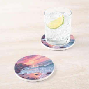 Dessous De Verre En Grès Coucher de soleil sur la plage rose pastel Vagues