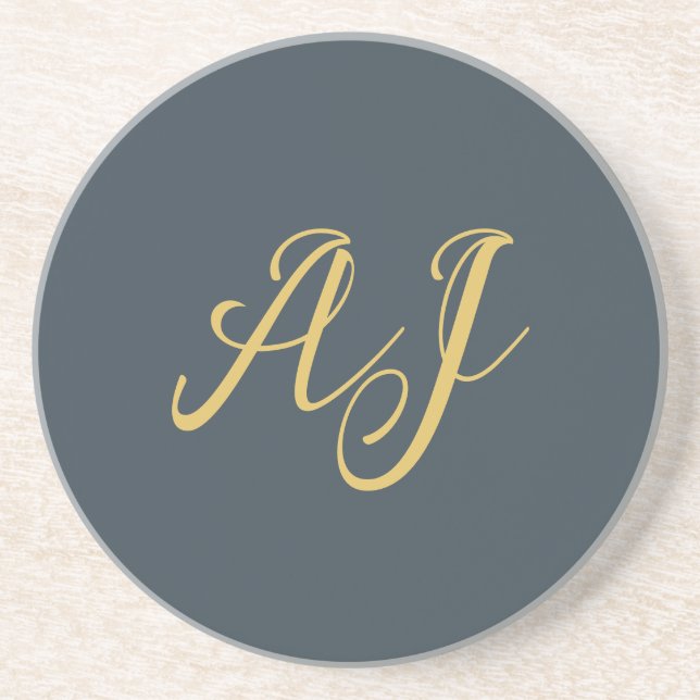 Dessous De Verre En Grès Couleur Or Charbon Monogramme Initial Professionne (Devant)
