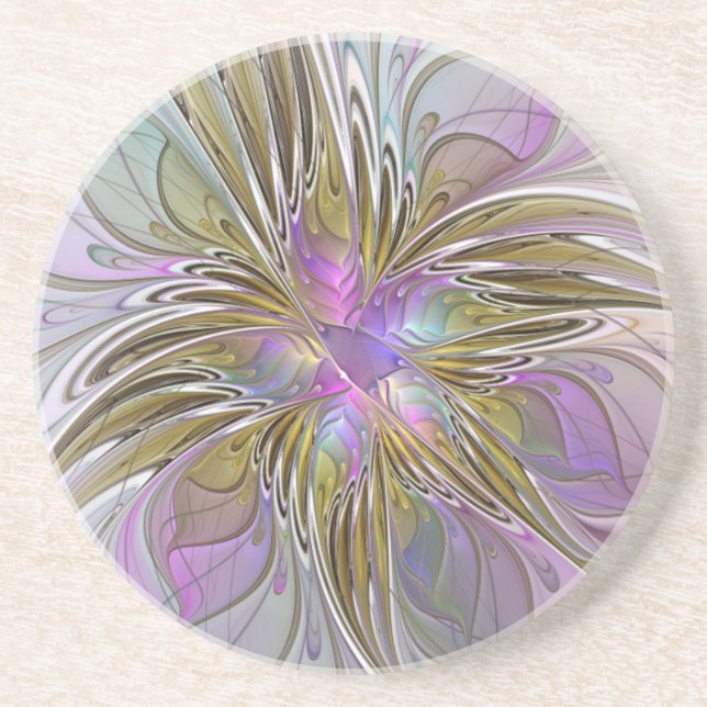Dessous De Verre En Grès Couleurs Florales Abstraites Fractales Avec Rose & (Devant)