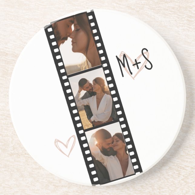 Dessous De Verre En Grès Couples Initiales 3 Photo Filmstrip avec Coeurs (Devant)
