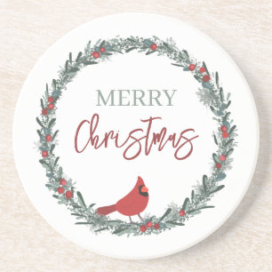 Dessous De Verre En Grès Couronne de baies rouges et cardinal rouge de Noël