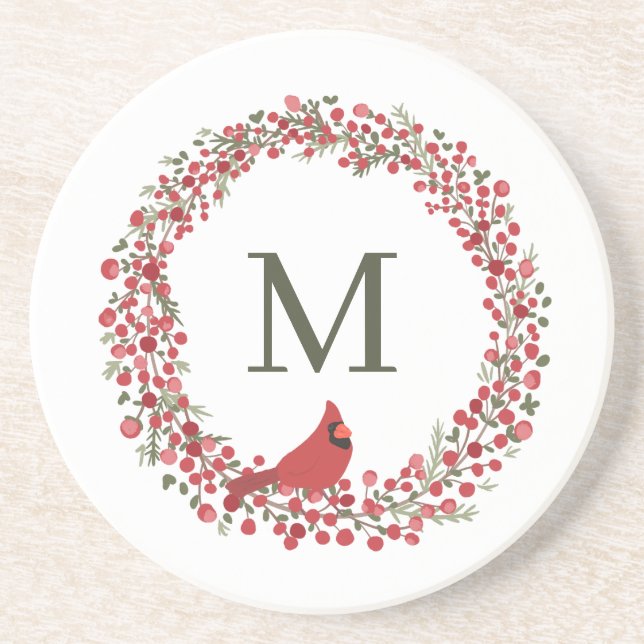 Dessous De Verre En Grès Couronne de baies rouges et monogramme de cardinal (Devant)