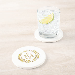 Dessous De Verre En Grès Couronne de laurier dorée Monogramme personnalisé