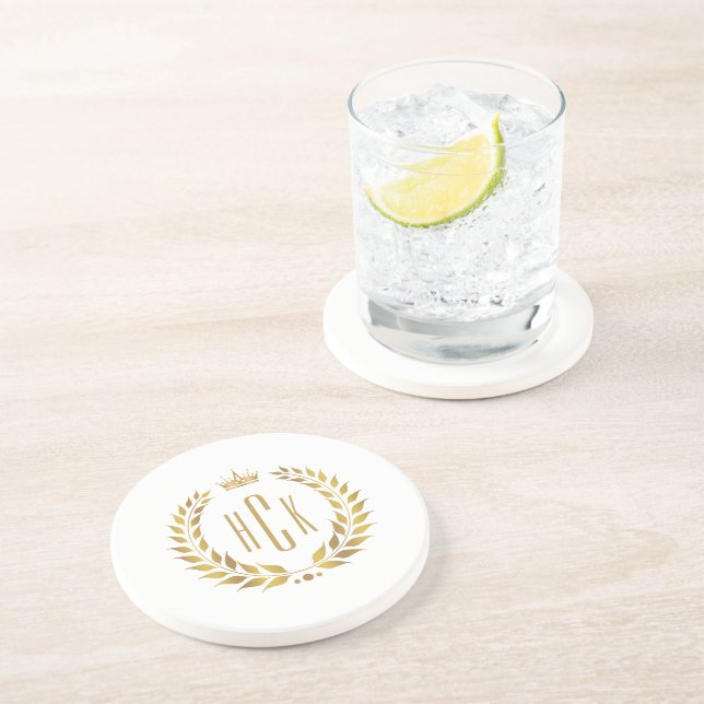 Dessous De Verre En Grès Couronne de laurier dorée Monogramme personnalisé (Côté)