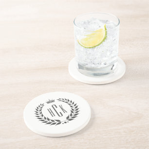 Dessous De Verre En Grès Couronne de laurier noir personnalisée avec monogr