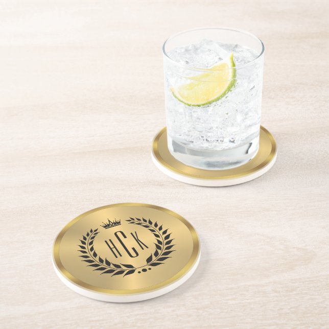 Dessous De Verre En Grès Couronne de laurier noir sur monogramme personnali (Côté)