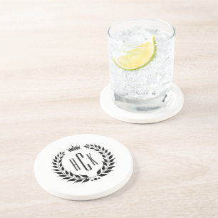 Dessous De Verre En Grès Couronne de laurier noire personnalisée avec monog