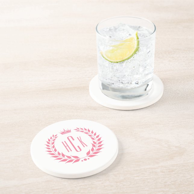 Dessous De Verre En Grès Couronne de laurier rose Monogramme personnalisé (Côté)