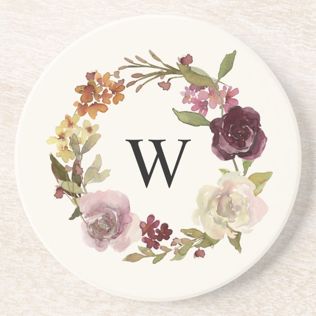 Dessous De Verre En Grès Couronne de monogramme à l'aquarelle florale Beige (Devant)