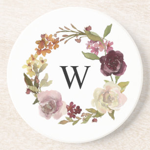 Dessous De Verre En Grès Couronne de monogramme à l'aquarelle florale blanc